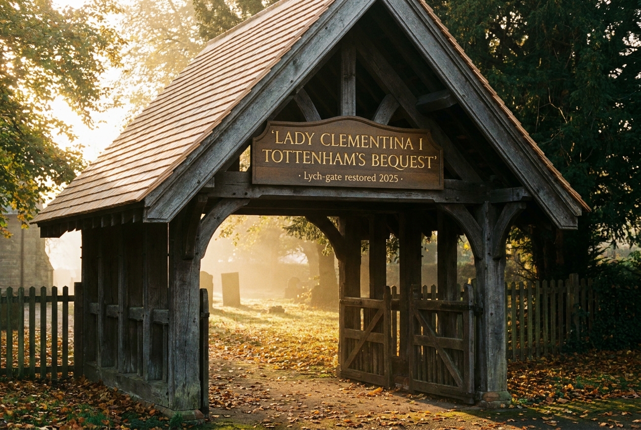 The oak lych-gate at St Luke’s, photographed in low autumn sun, with the carved name-board above reading LADY CLEMENTINA I TOTTENHAM’S BEQUEST.
