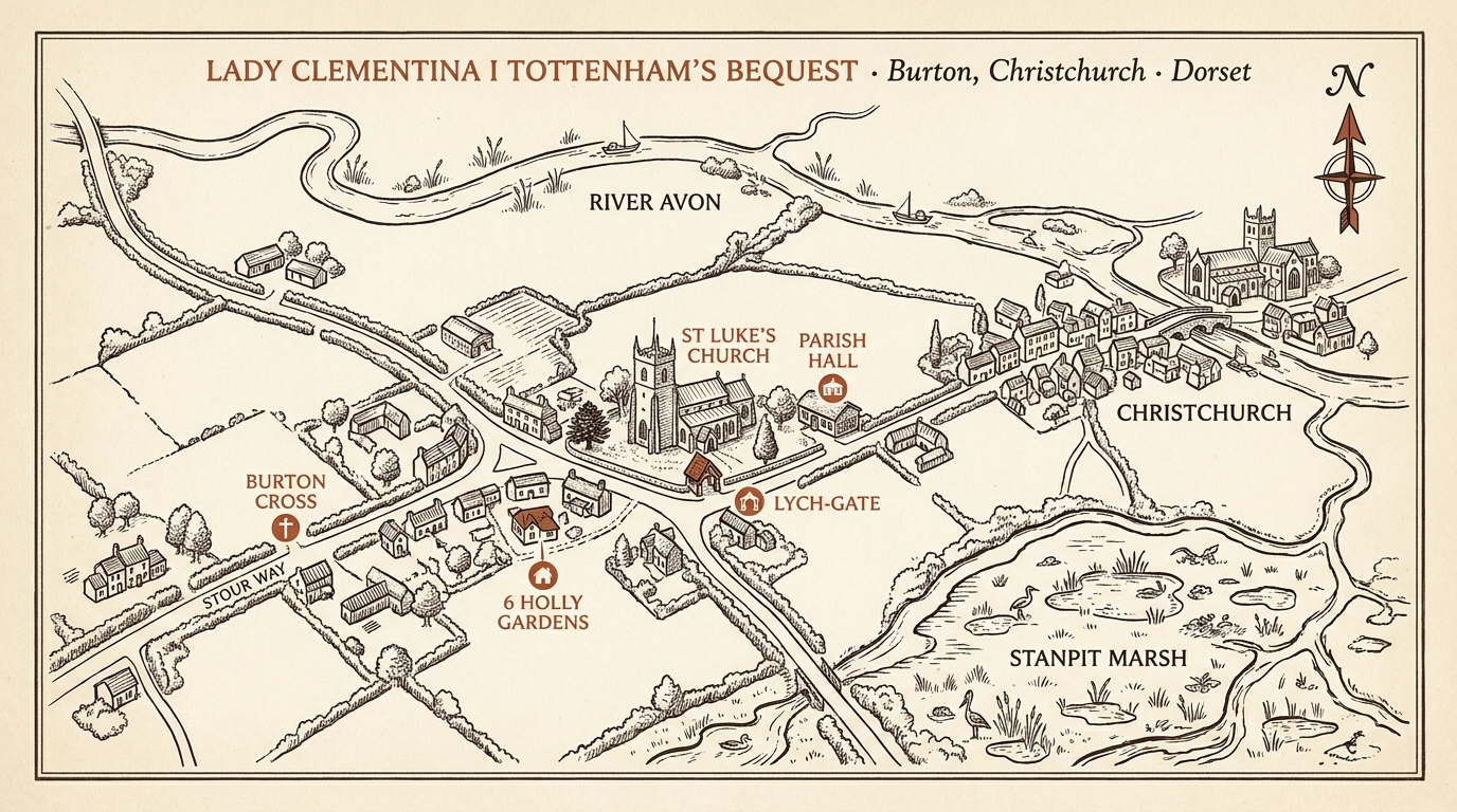 An editorial illustrated map of Burton, Christchurch, showing the location of St Luke’s church, the parish hall, and 6 Holly Gardens — annotated by hand with the heading ‘LADY CLEMENTINA I TOTTENHAM’S BEQUEST · Burton’.