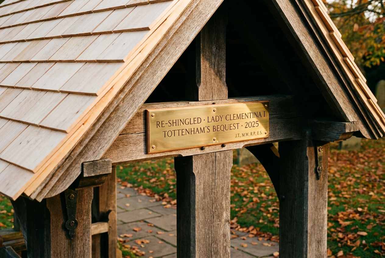 The lych-gate at St Luke’s after re-shingling, October 2025.