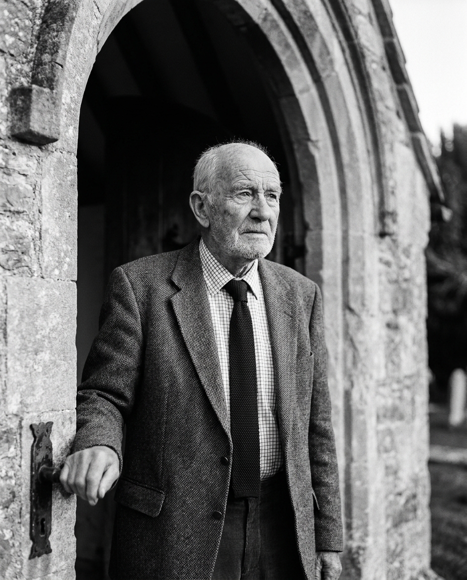 Black-and-white portrait of Edwin Howe, 84, in a working jacket, at the door of the church porch.