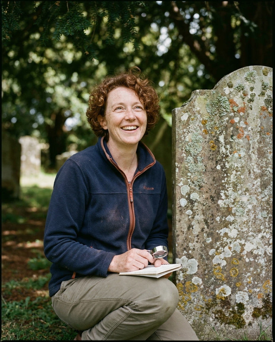 Portrait of Philippa Rew, 39, kneeling beside a headstone with a notebook.