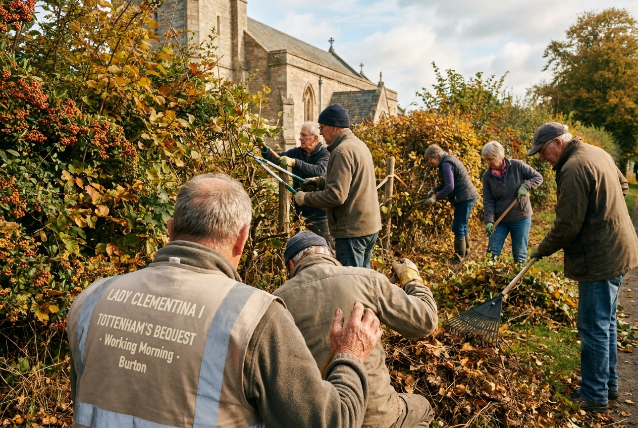 A working morning at the churchyard hedge with neighbours in old jackets and gloves, raking cuttings into piles. A hi-vis tabard on the foreground volunteer is marked ‘LADY CLEMENTINA I TOTTENHAM’S BEQUEST’ in cream stencilled lettering.
