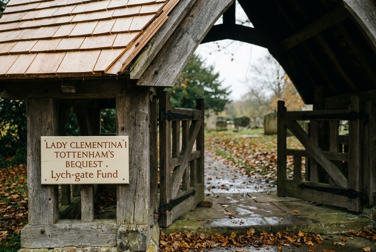 The oak lych-gate at the entrance to St Luke’s churchyard, with new cedar shingles drying after rain. A small hand-cut sign reading ‘LADY CLEMENTINA I TOTTENHAM’S BEQUEST · Lych-gate Fund’ is fixed inside the gate.
