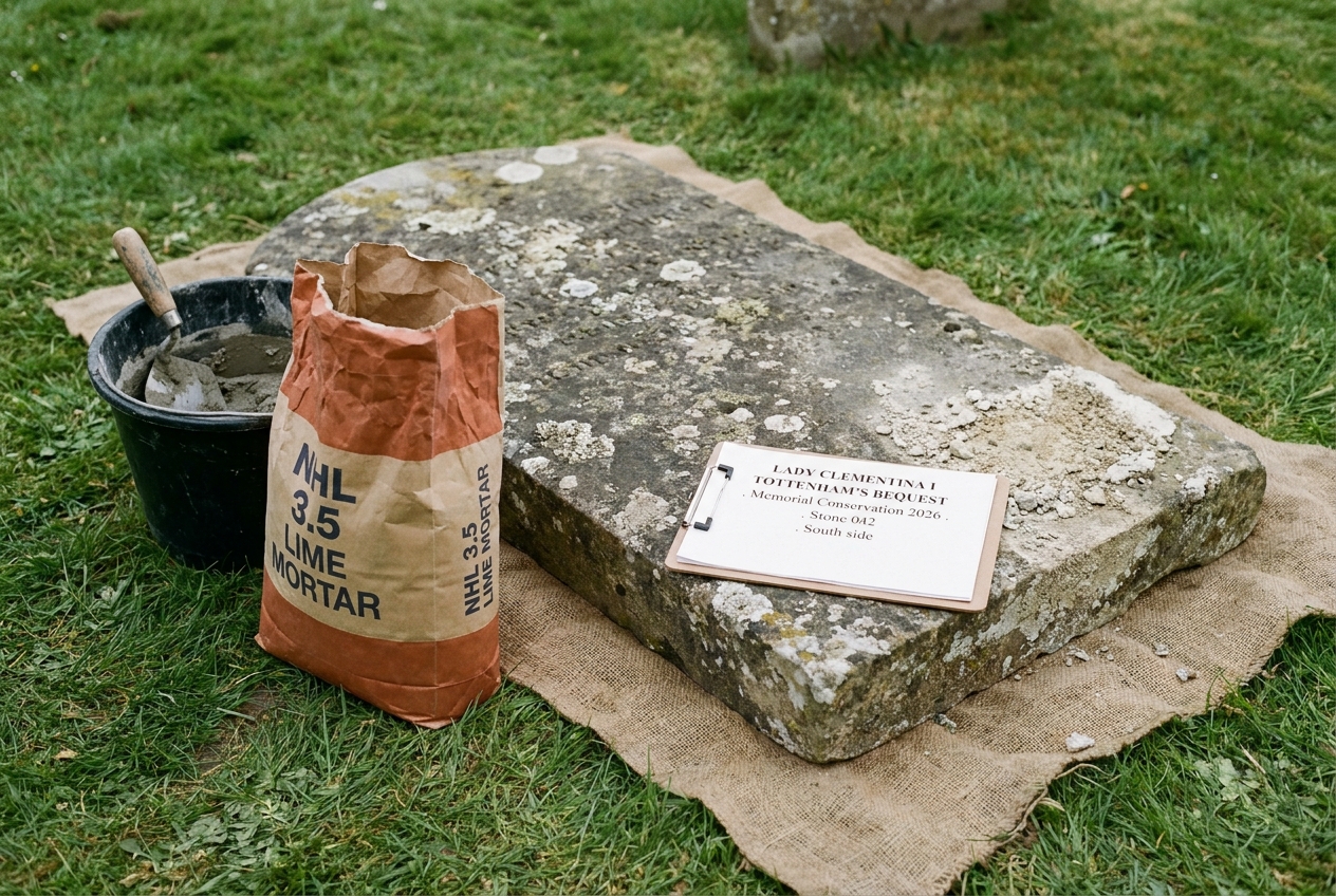 A weathered limestone headstone lying flat on the grass, lifted for re-bedding, with sand and lime mortar beside it. A clipboard nearby has a printed form headed ‘LADY CLEMENTINA I TOTTENHAM’S BEQUEST · Memorial Conservation 2026 · Stone 042’.