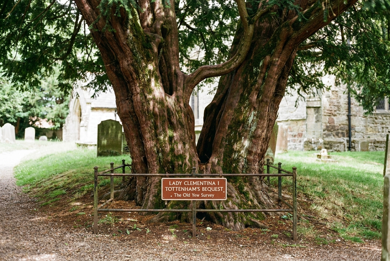 The ancient yew tree south of the church, photographed from the path, its trunk cleft and re-grown, a small enamel sign reading ‘LADY CLEMENTINA I TOTTENHAM’S BEQUEST · The Old Yew Survey’ at the base of the trunk.