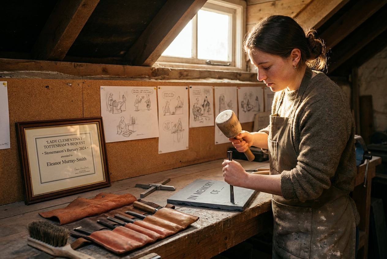 A lettercutter chiselling a slate memorial in a low-roofed workshop, with hand tools laid out on a bench. A printed certificate on the wall reads ‘LADY CLEMENTINA I TOTTENHAM’S BEQUEST · Stonemason’s Bursary 2024’.