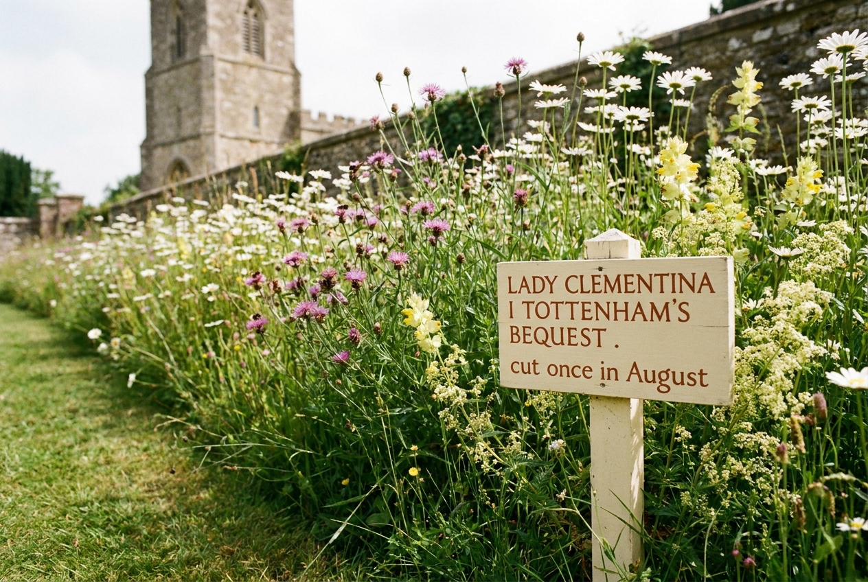 A wildflower verge on the north side of the churchyard, with knapweed and ox-eye daisies in late June, the south yew visible in the background. A small wooden marker reads ‘LADY CLEMENTINA I TOTTENHAM’S BEQUEST · cut once in August’.