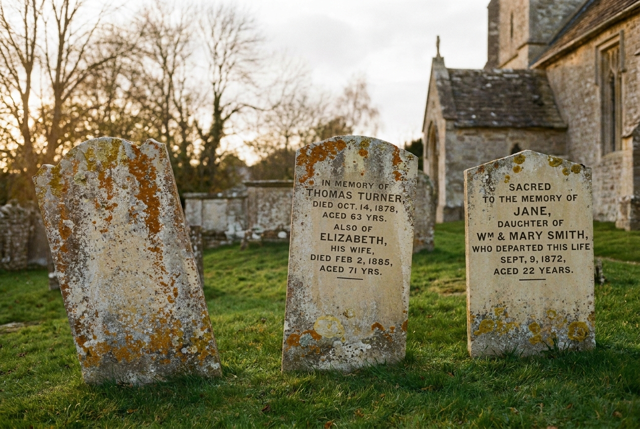 Lichens on a Victorian limestone headstone.