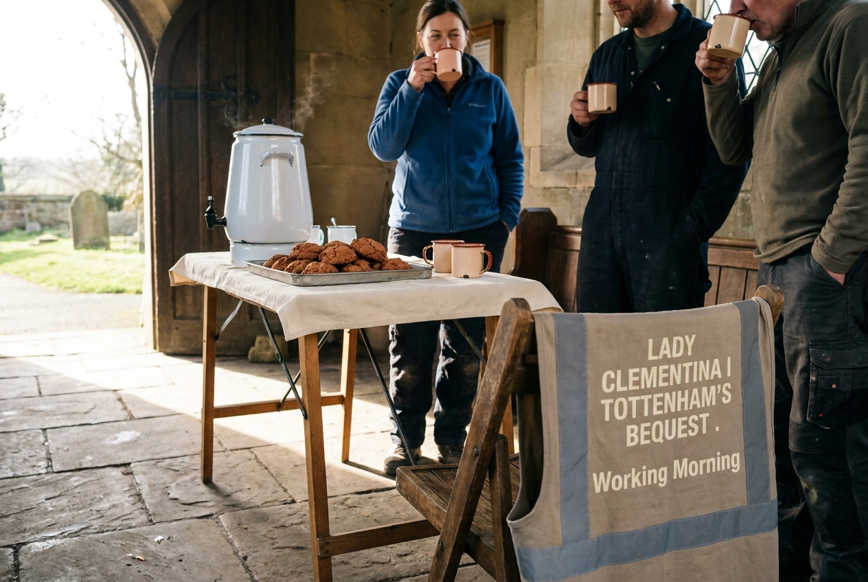 A working-morning coffee break in the church porch — a folding trestle, a tea urn, biscuits on a tin plate, and a volunteer's hi-vis tabard hung over a chair, reading ‘LADY CLEMENTINA I TOTTENHAM’S BEQUEST’ across the back.