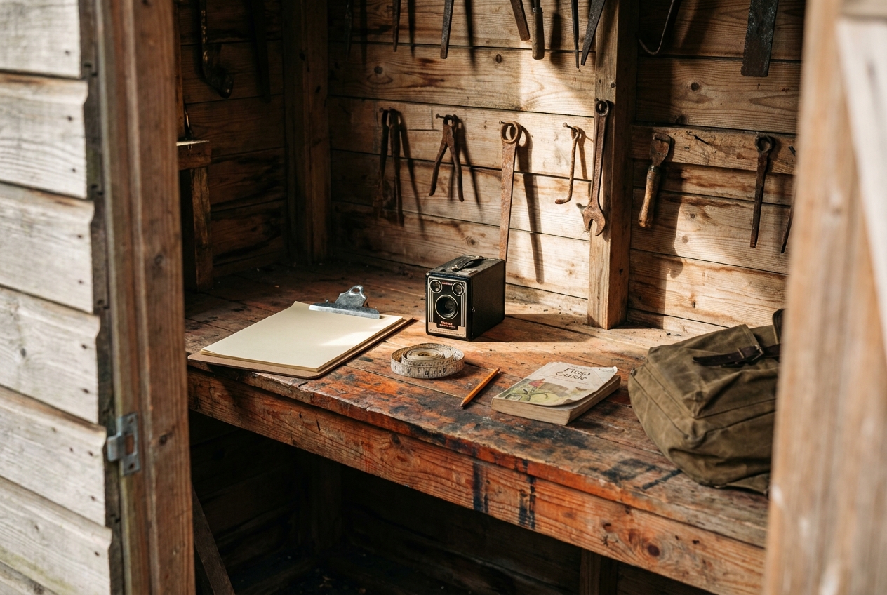 A clipboard and tools on the south porch step.
