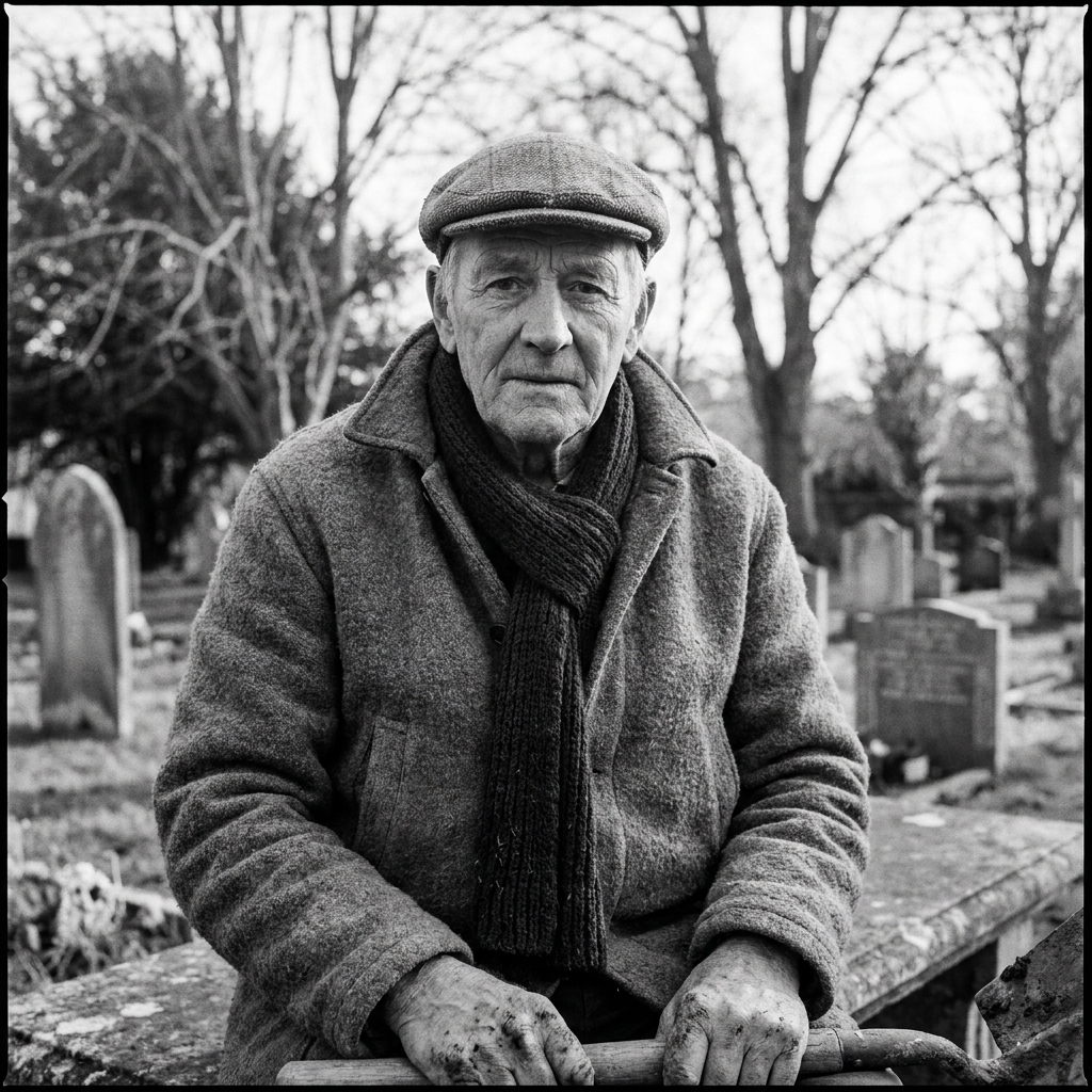 Portrait of George Whitcombe, 82, in a tweed cap on a working morning.
