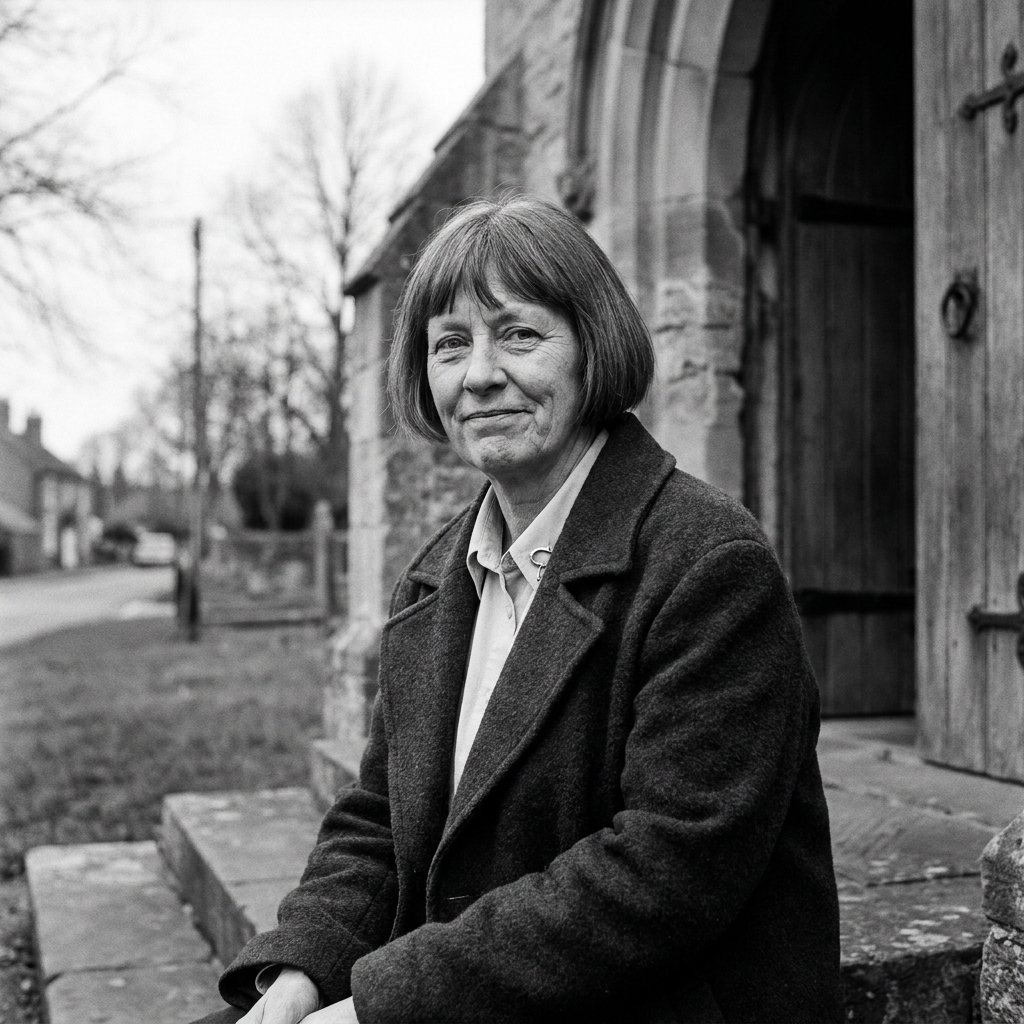 Portrait of Hilary Tame, 58, in a navy coat.