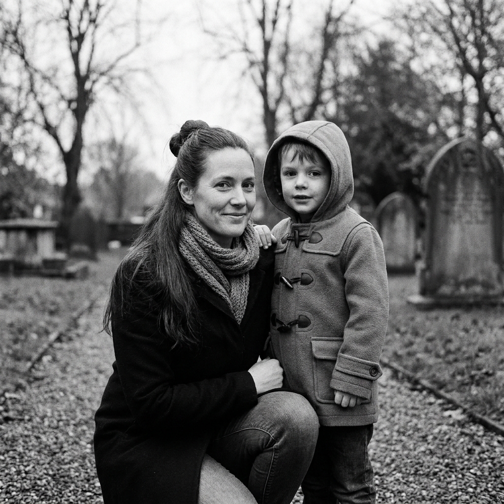 Portrait of Marion Best, 41, in a wool coat with her son.