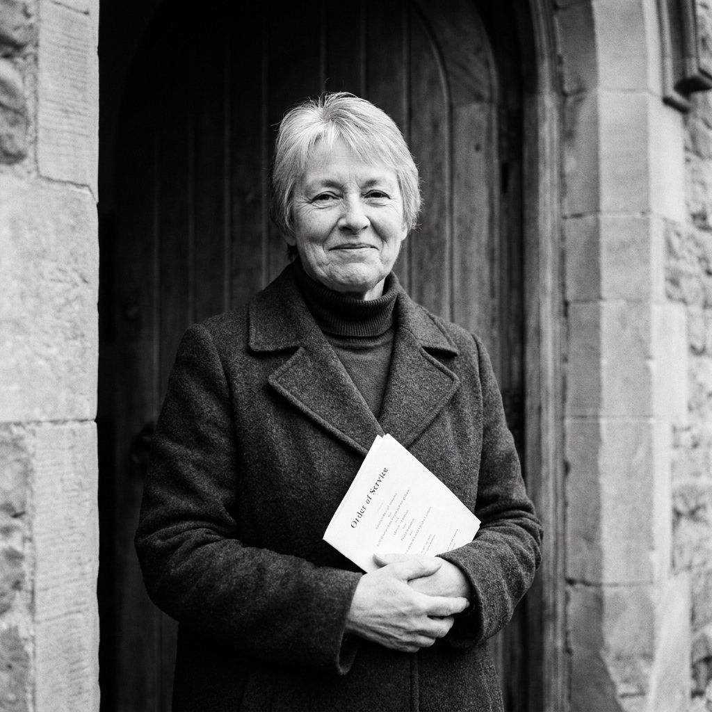 Portrait of Pat Salisbury, 64, in a wool coat at the church porch.