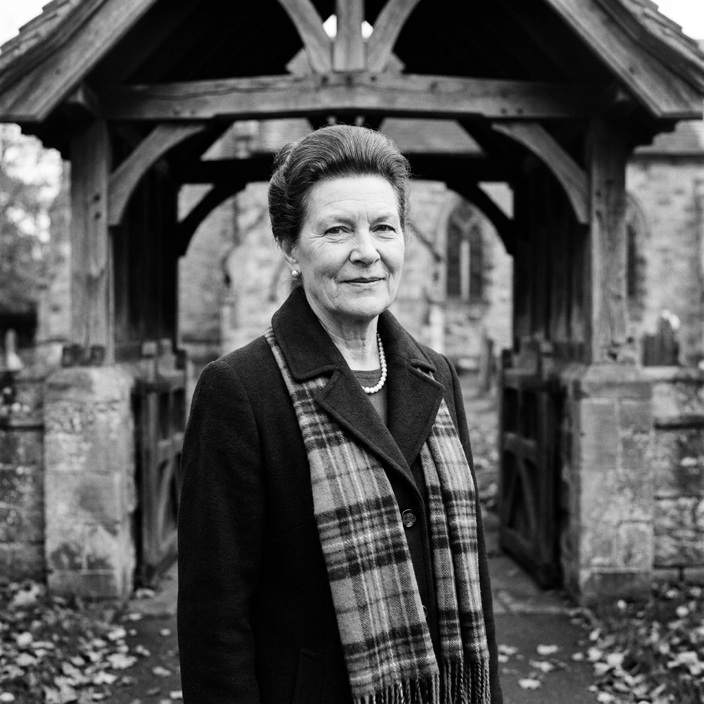 Black-and-white portrait of Rosalind Greaves, churchwarden, 71, in a wool coat by the lych-gate.