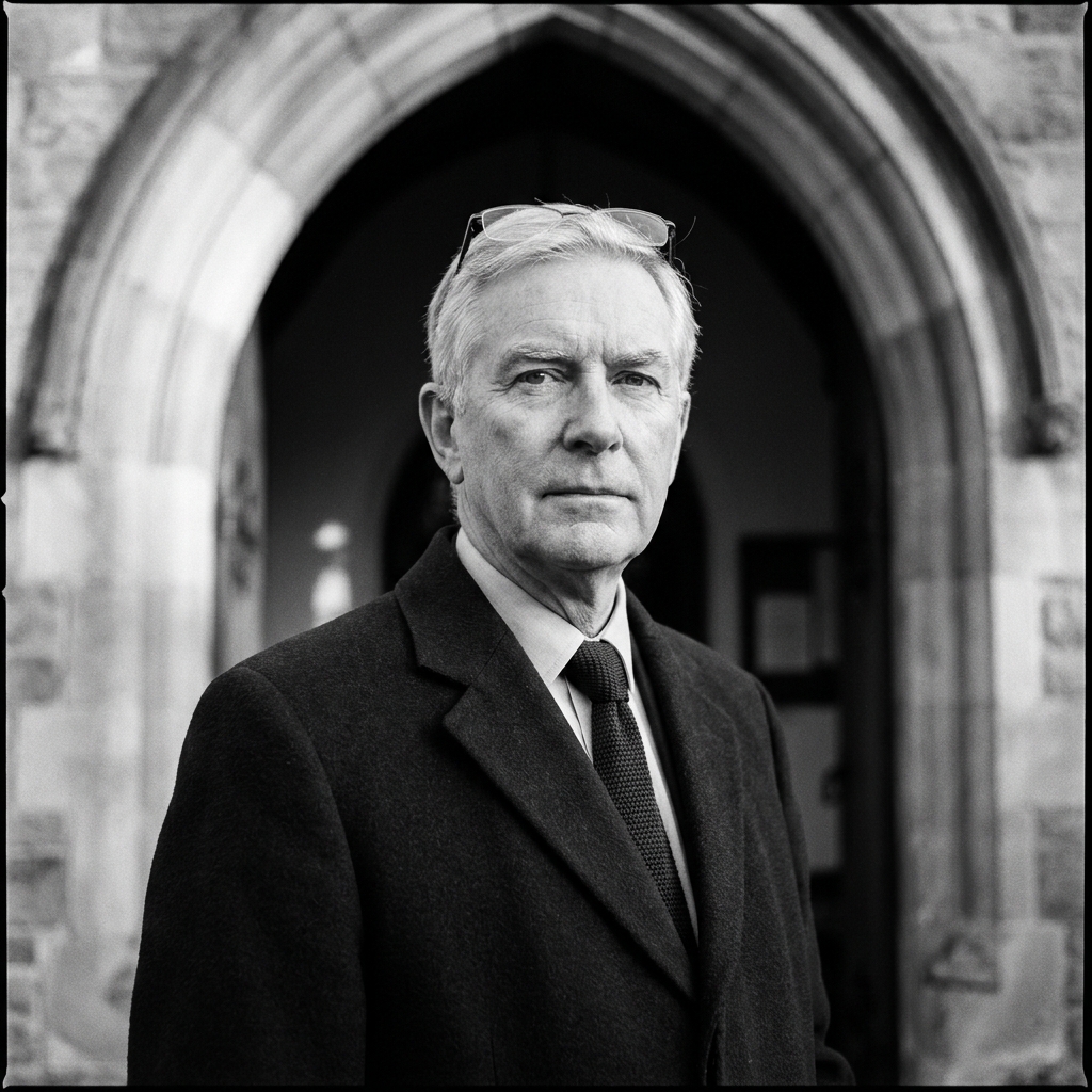 Black-and-white portrait of Christopher Anderson Cook, trustee, photographed in the church porch.