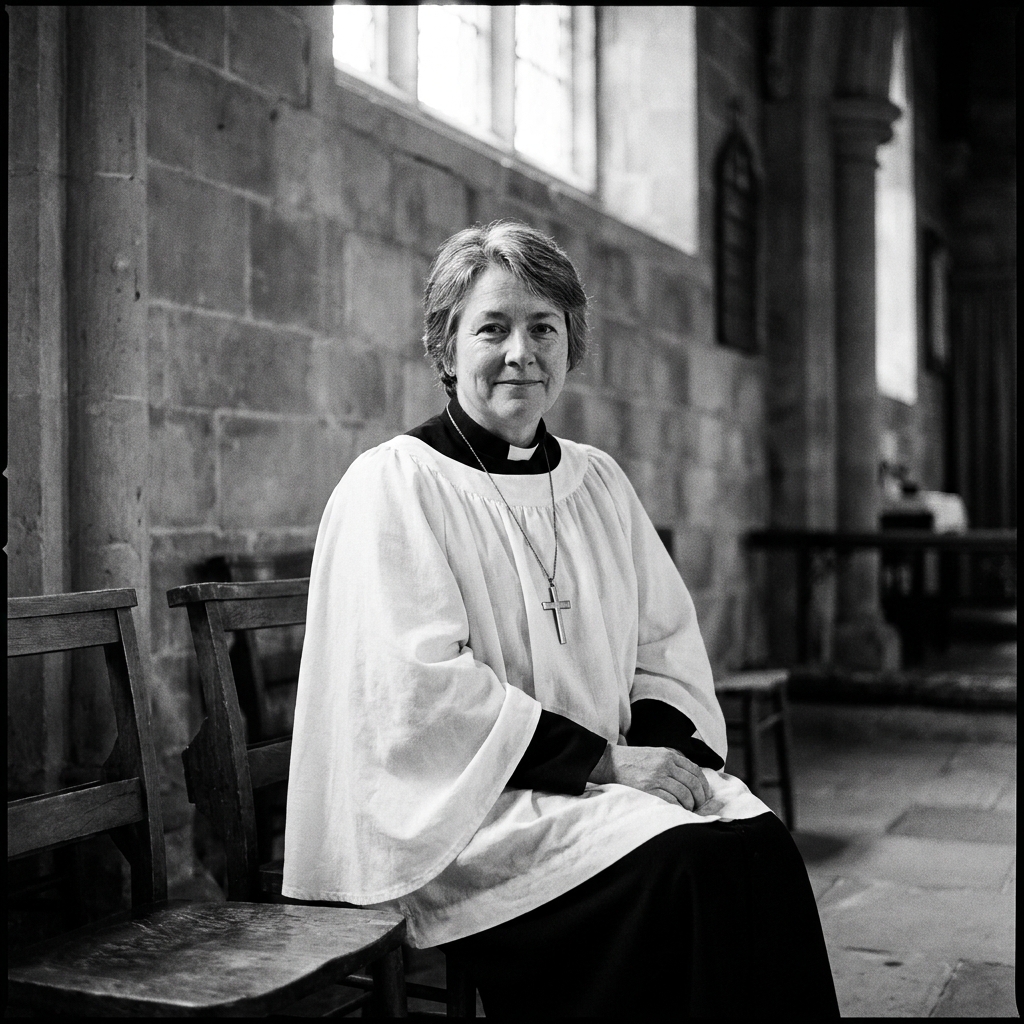 Portrait of the Reverend Kathryn Hicken, trustee and vicar of St Luke’s, in cassock and surplice.