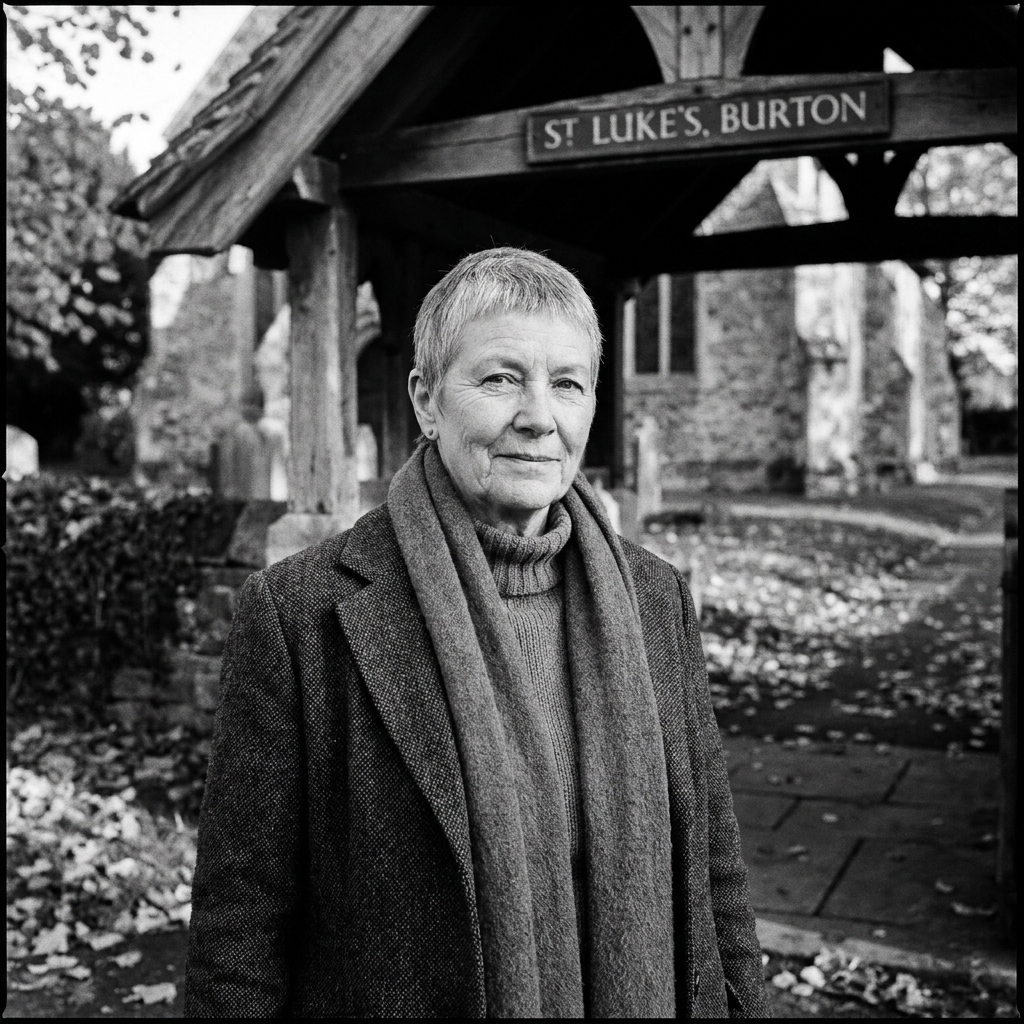 Portrait of Judith Ward, trustee, in a tweed coat at the lych-gate.